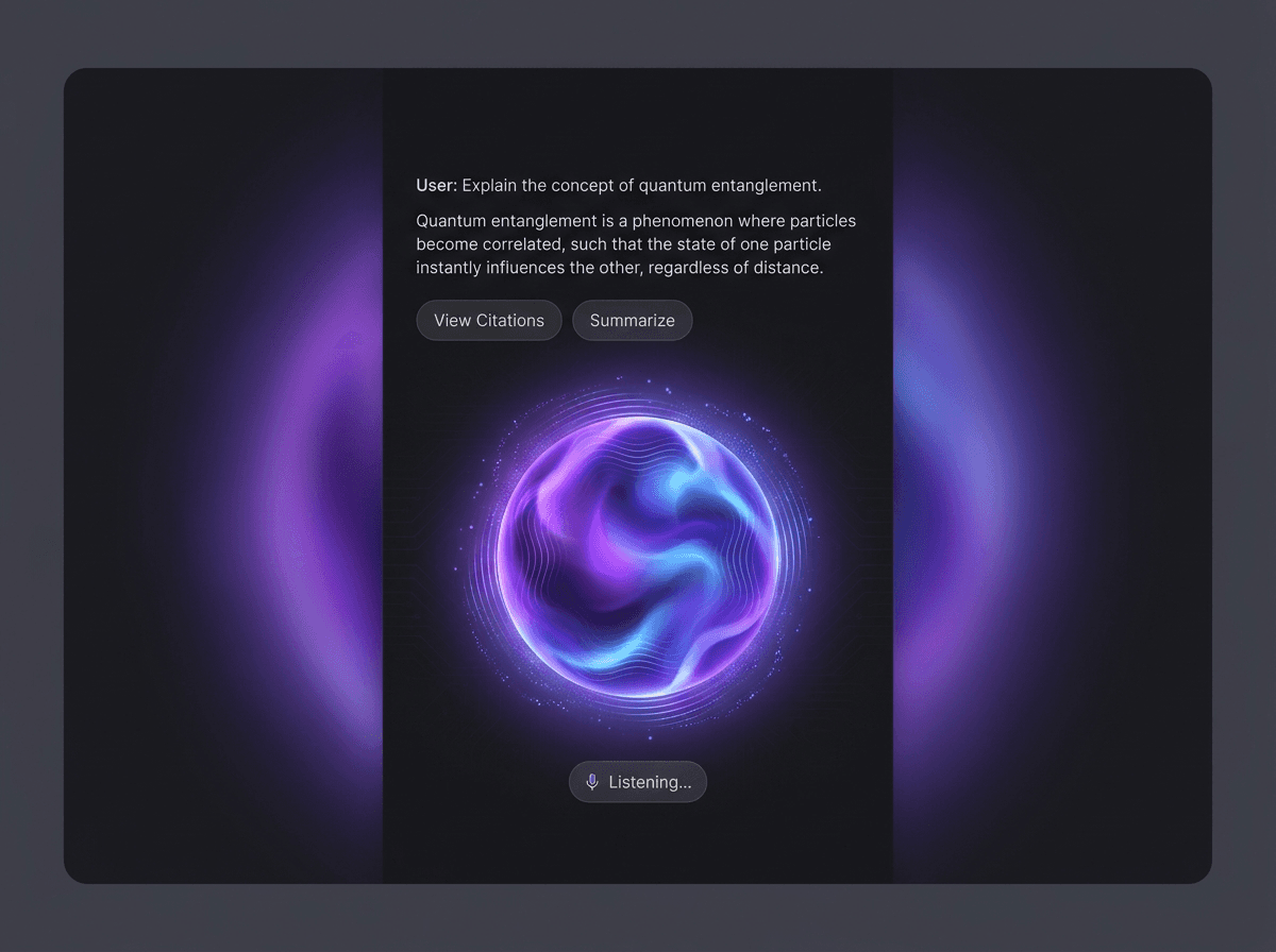 AI knowledge assistant answering a question with citations and voice input