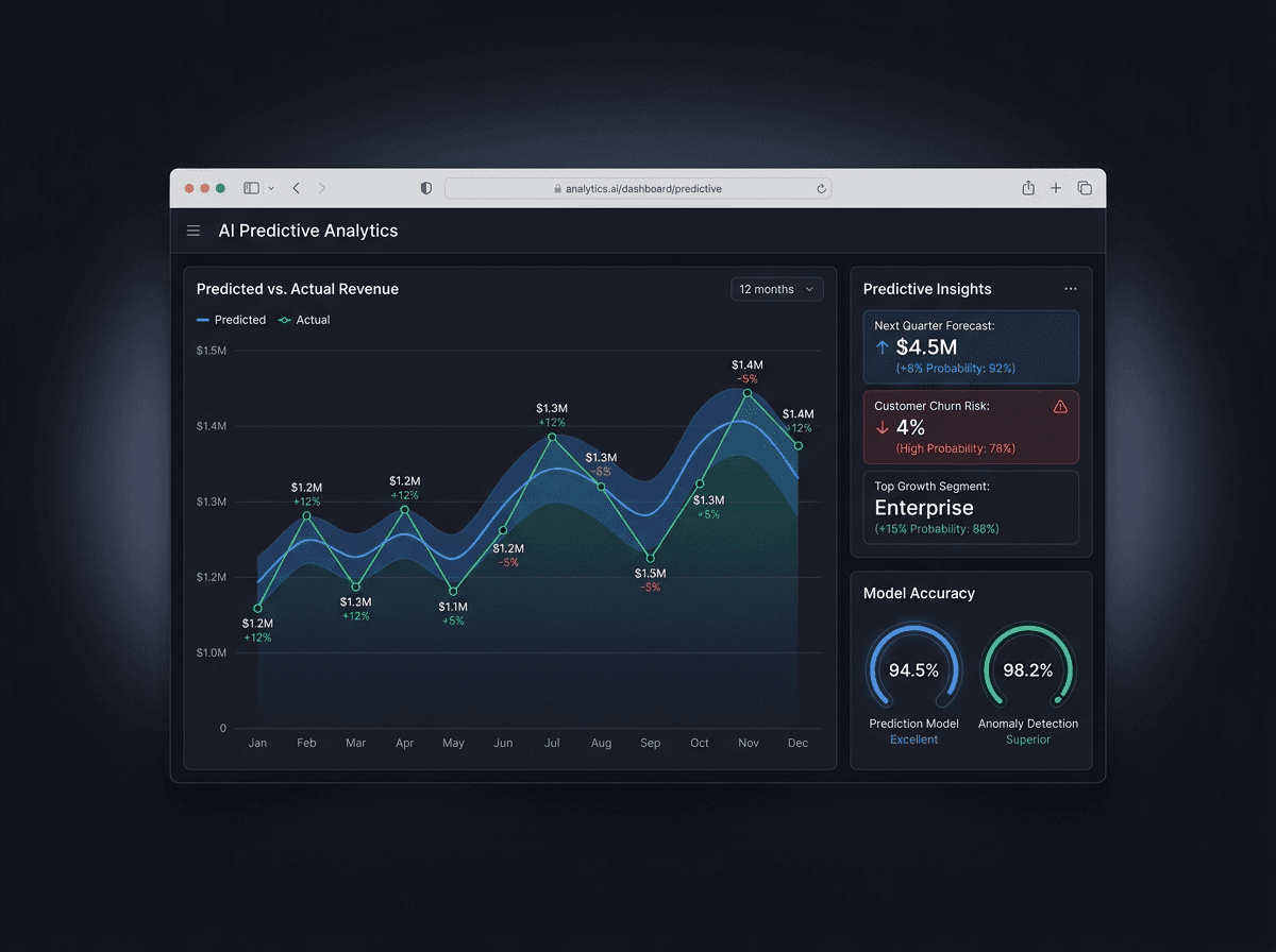 AI predictive analytics dashboard forecasting revenue with model-accuracy gauges
