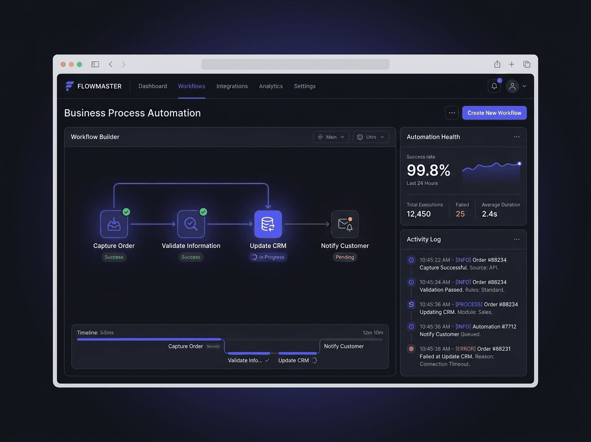 Automated workflow builder connecting capture, validation, CRM update and notification steps