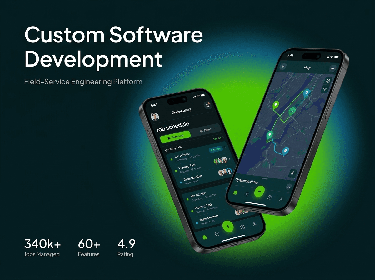 Field-service engineering platform shown as mobile job-scheduling and mapping screens