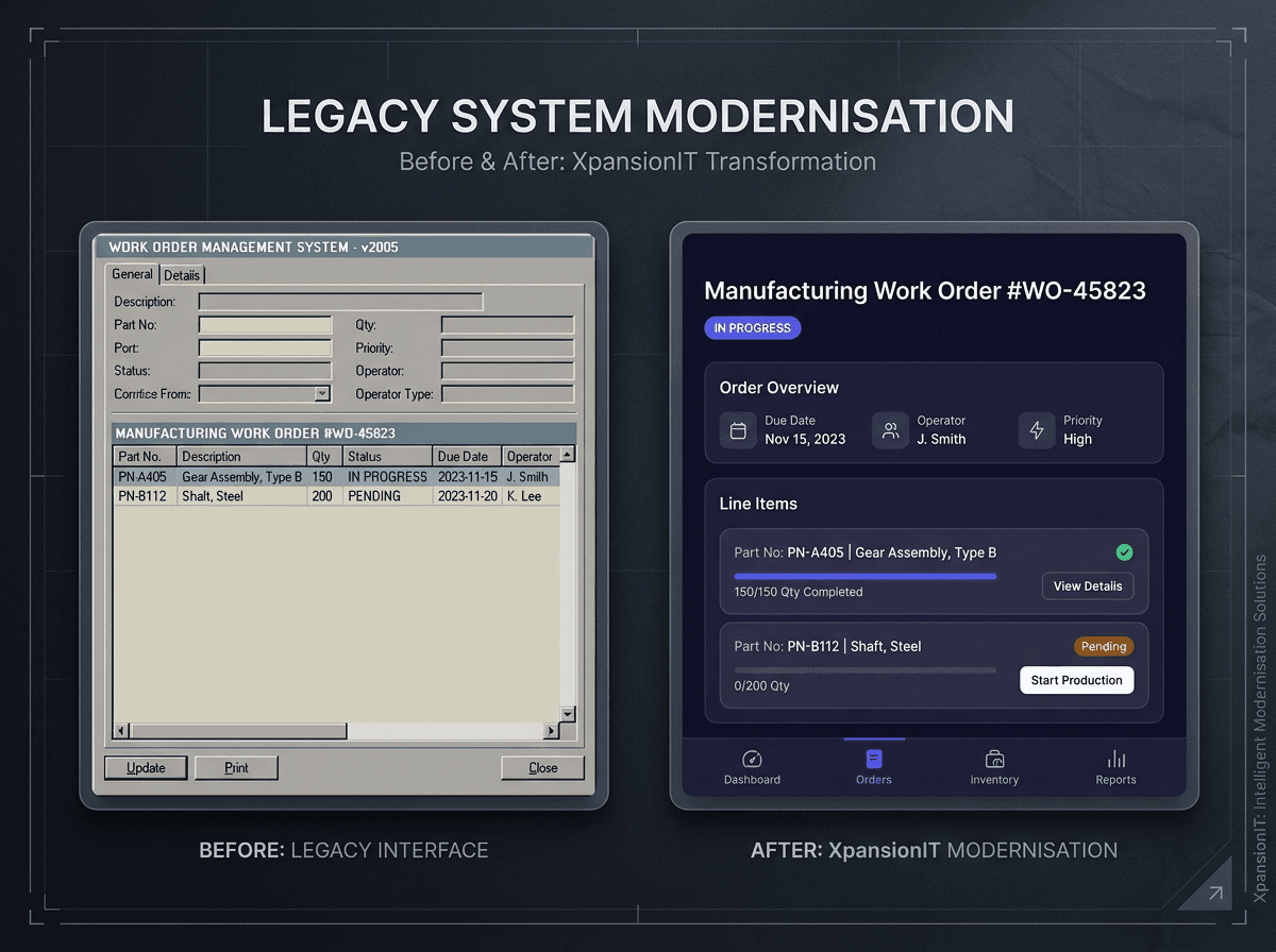 Before-and-after of a legacy work-order system modernised into a clean interface