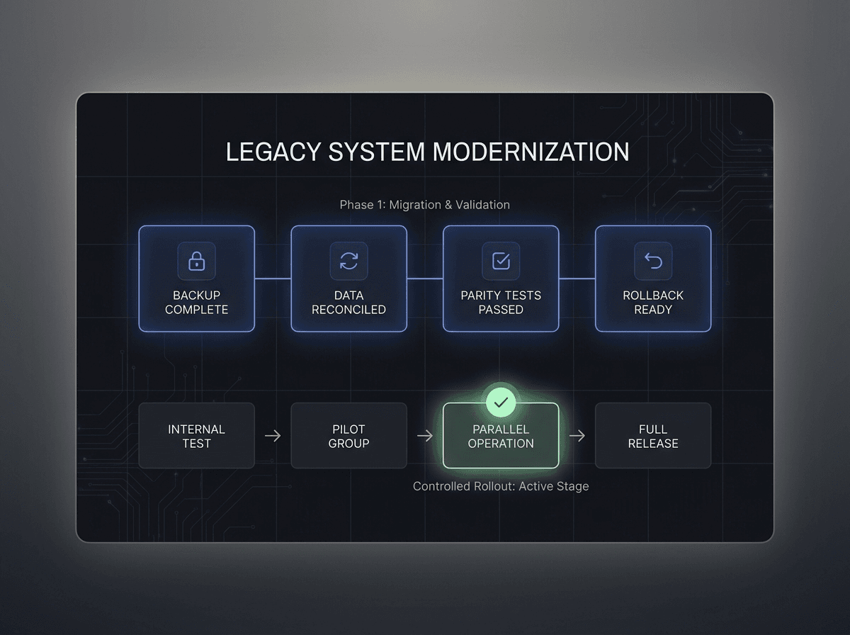 Legacy modernisation rollout: backup, reconciliation, parity tests and staged release
