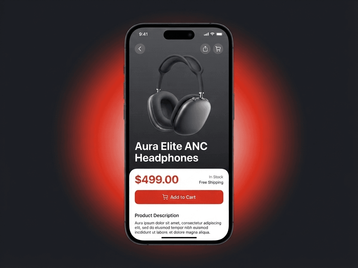 Product screen in a shopping app with the price and an add-to-cart button