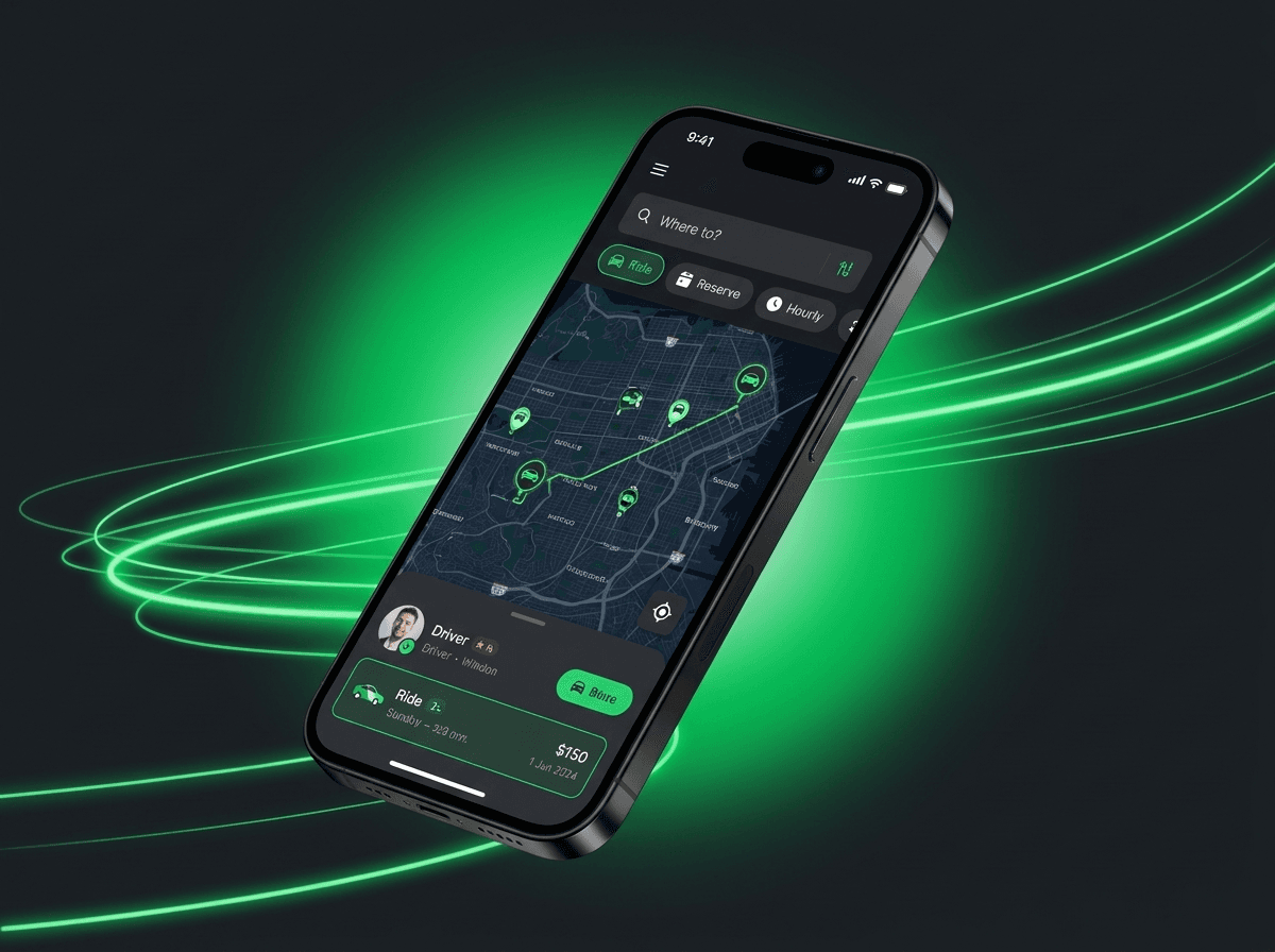 Booking app showing a live map with nearby drivers and a booking card