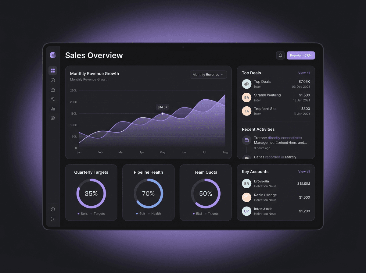Polished sales dashboard interface design with revenue charts and KPI gauges