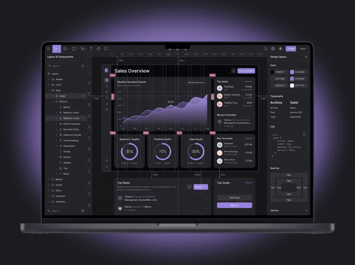 Dashboard interface being designed in a design tool, with a component library and design specs