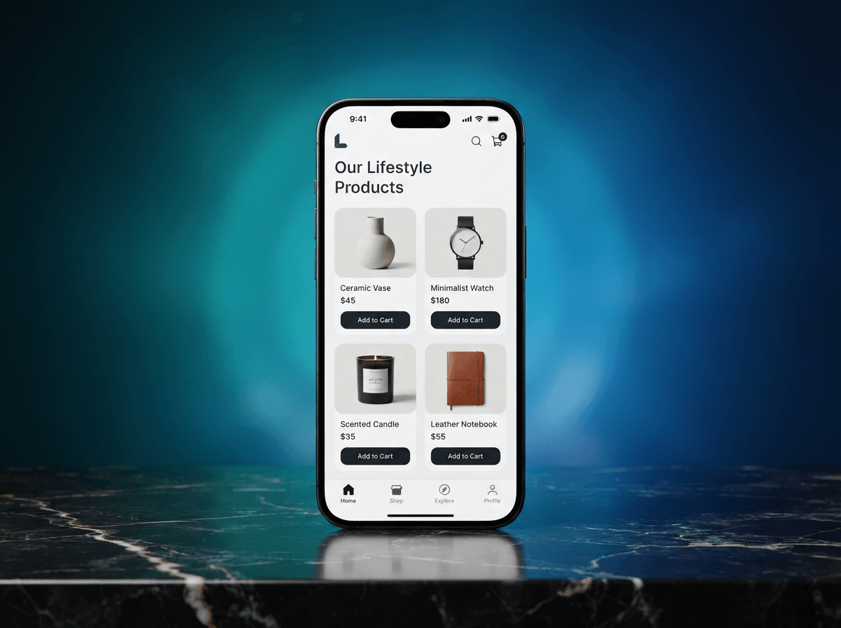Mobile commerce interface mockup for a lifestyle products app
