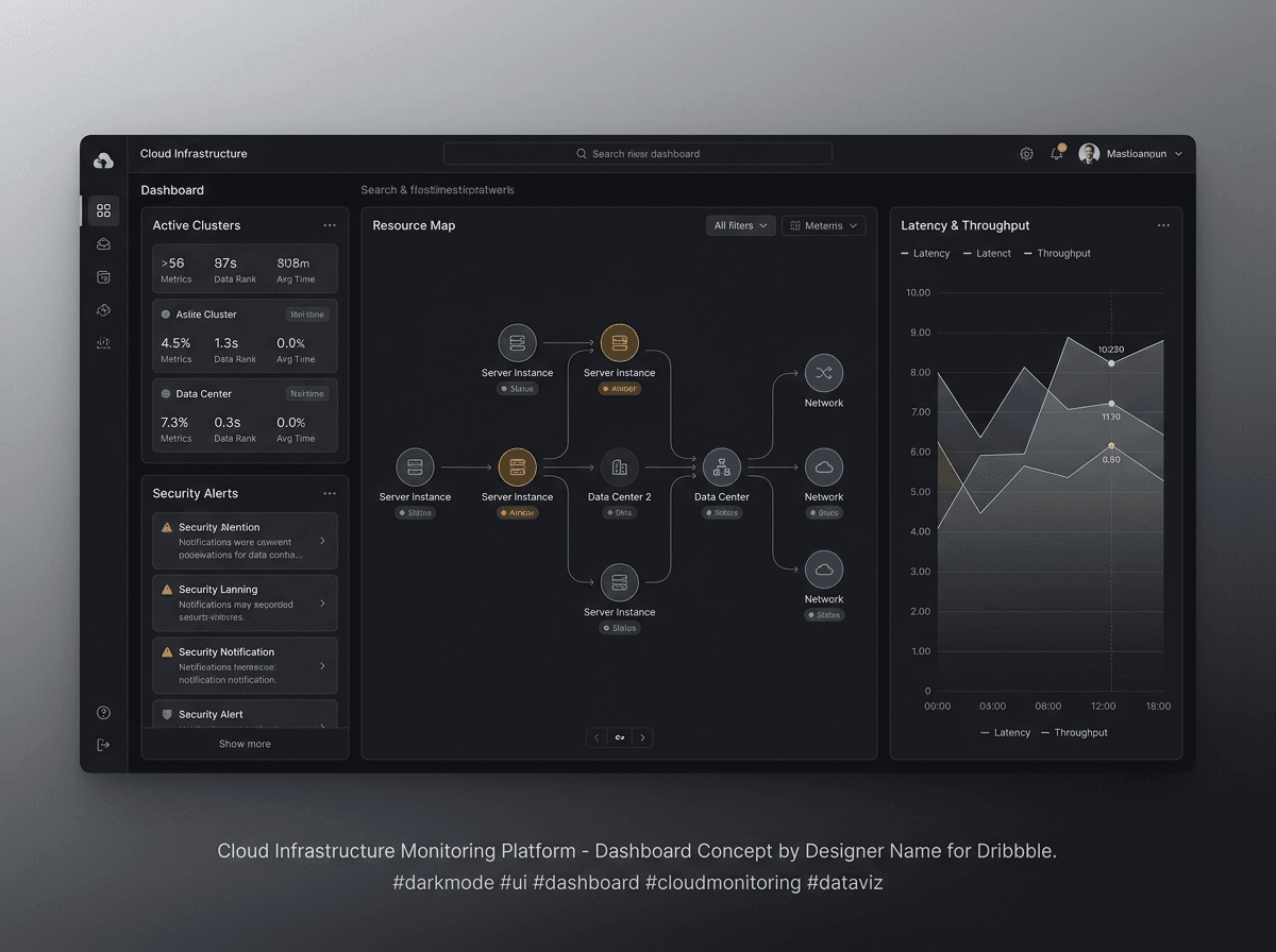 Cloud infrastructure monitoring dashboard with a resource map and latency chart