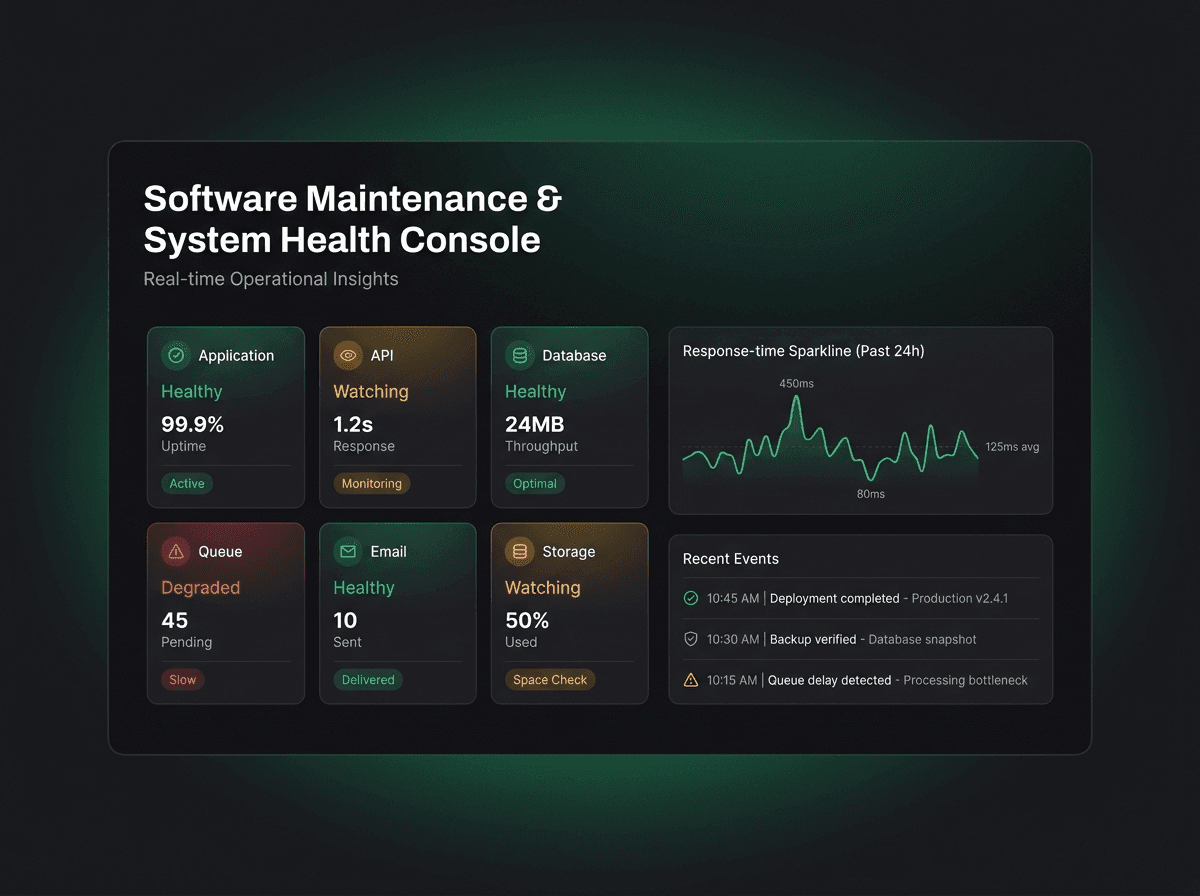 System-health console showing application, API, database and queue status in real time
