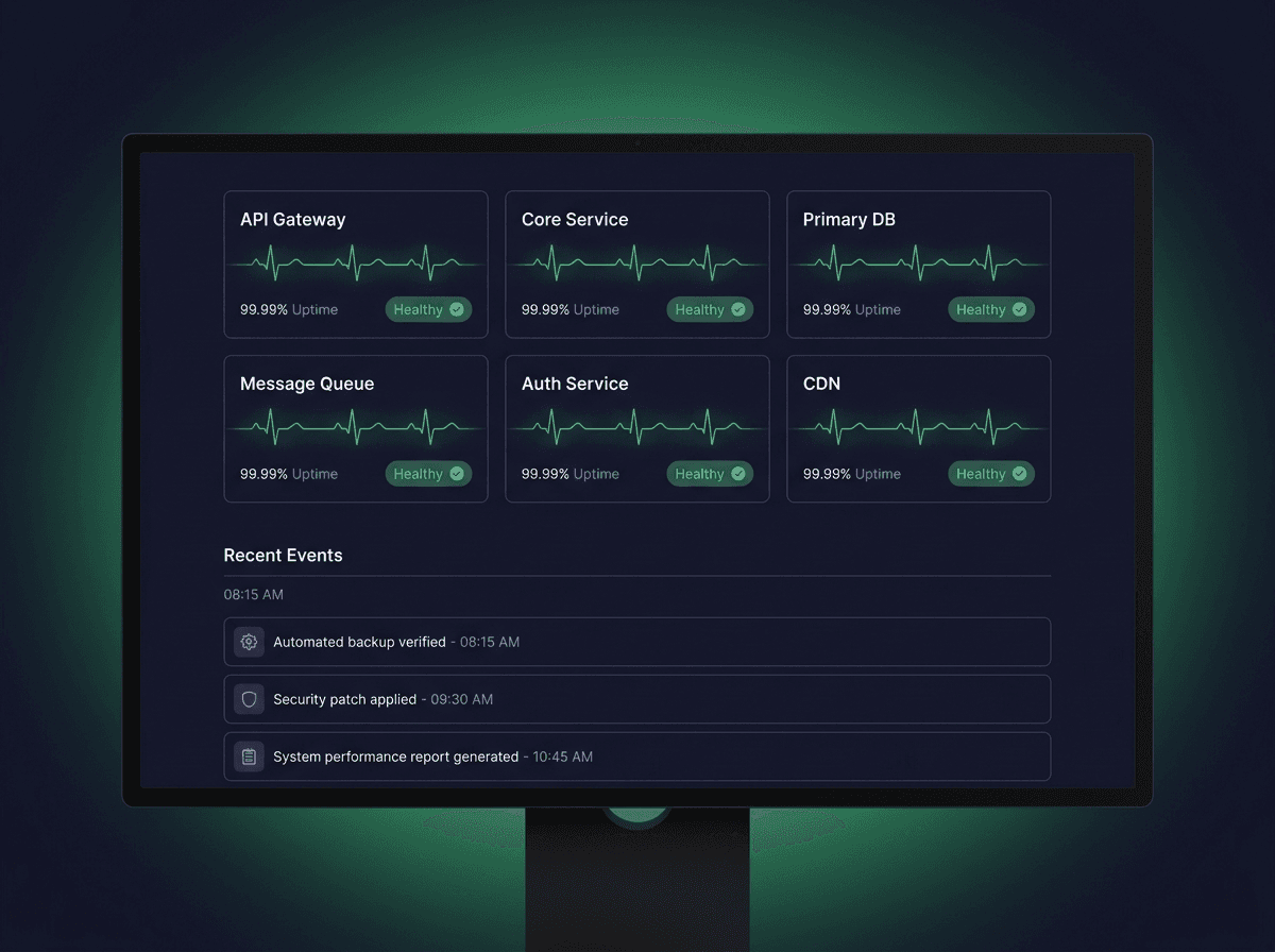 Service-health monitor showing uptime for gateway, core service, database and CDN
