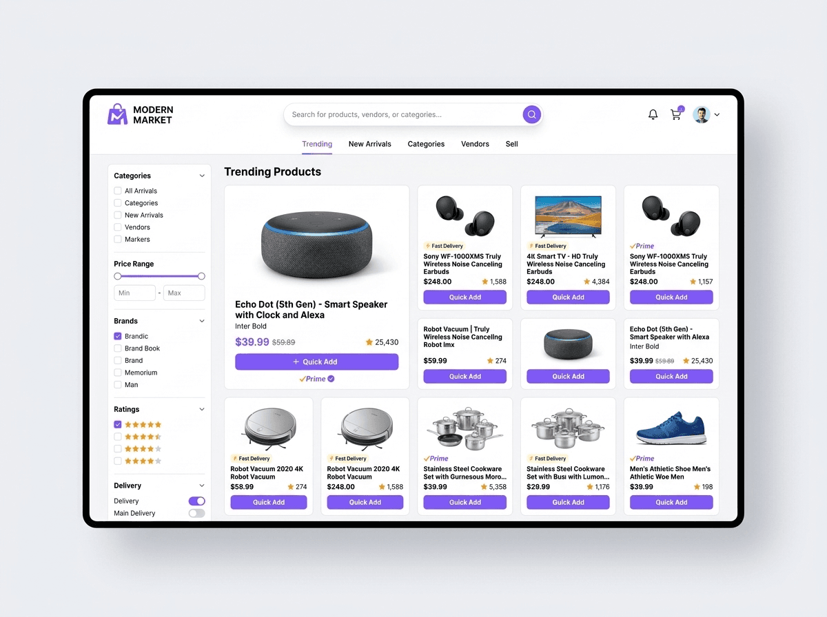 E-commerce marketplace web application with a product grid, filters and cart