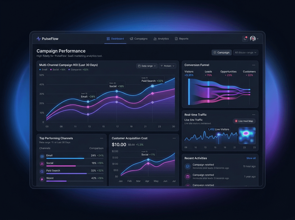 SaaS marketing analytics dashboard with campaign performance and a conversion funnel